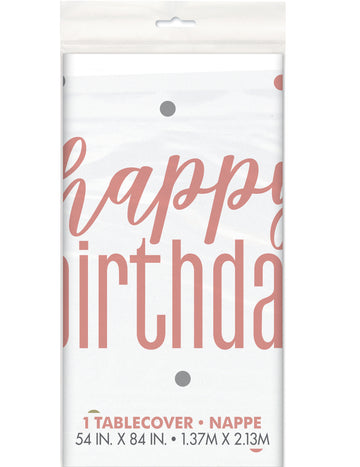 Biely a ružový plastový obrus s nápisom „Happy Birthday“, 137 x 213 cm cm bodky
