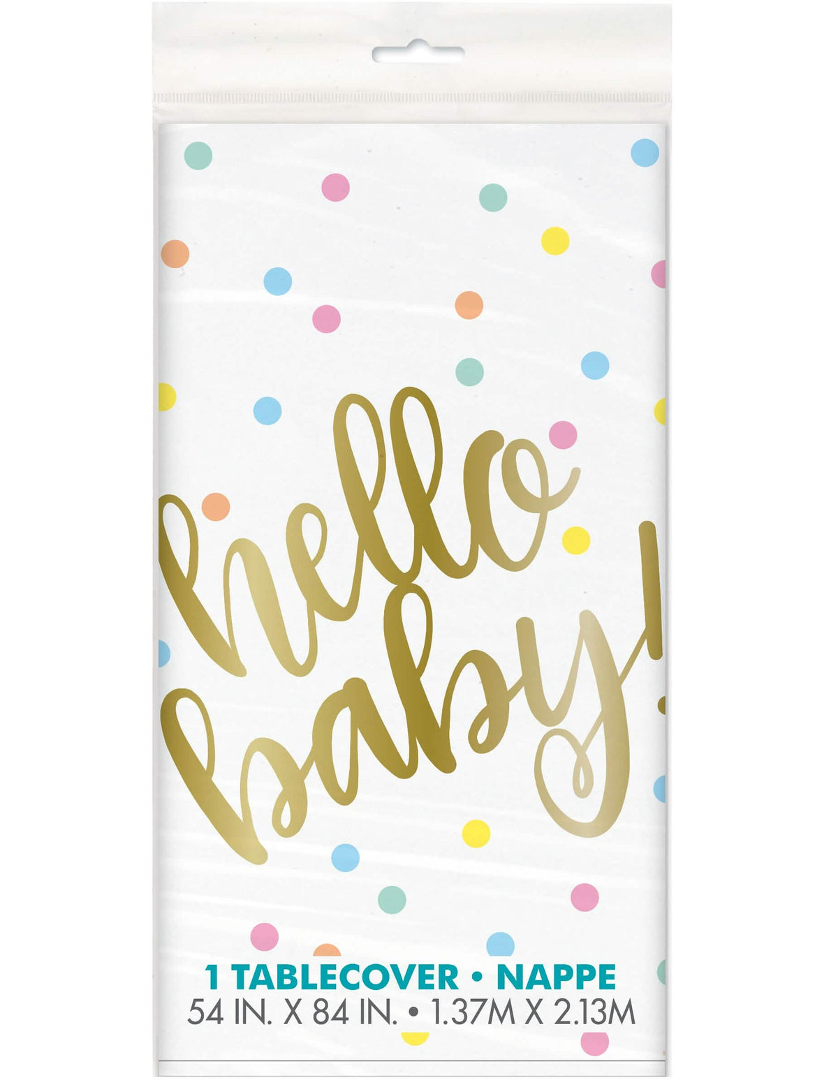 Plastový obrus Hello Baby na bielu a zlatá bodkovanú oslavu narodenia