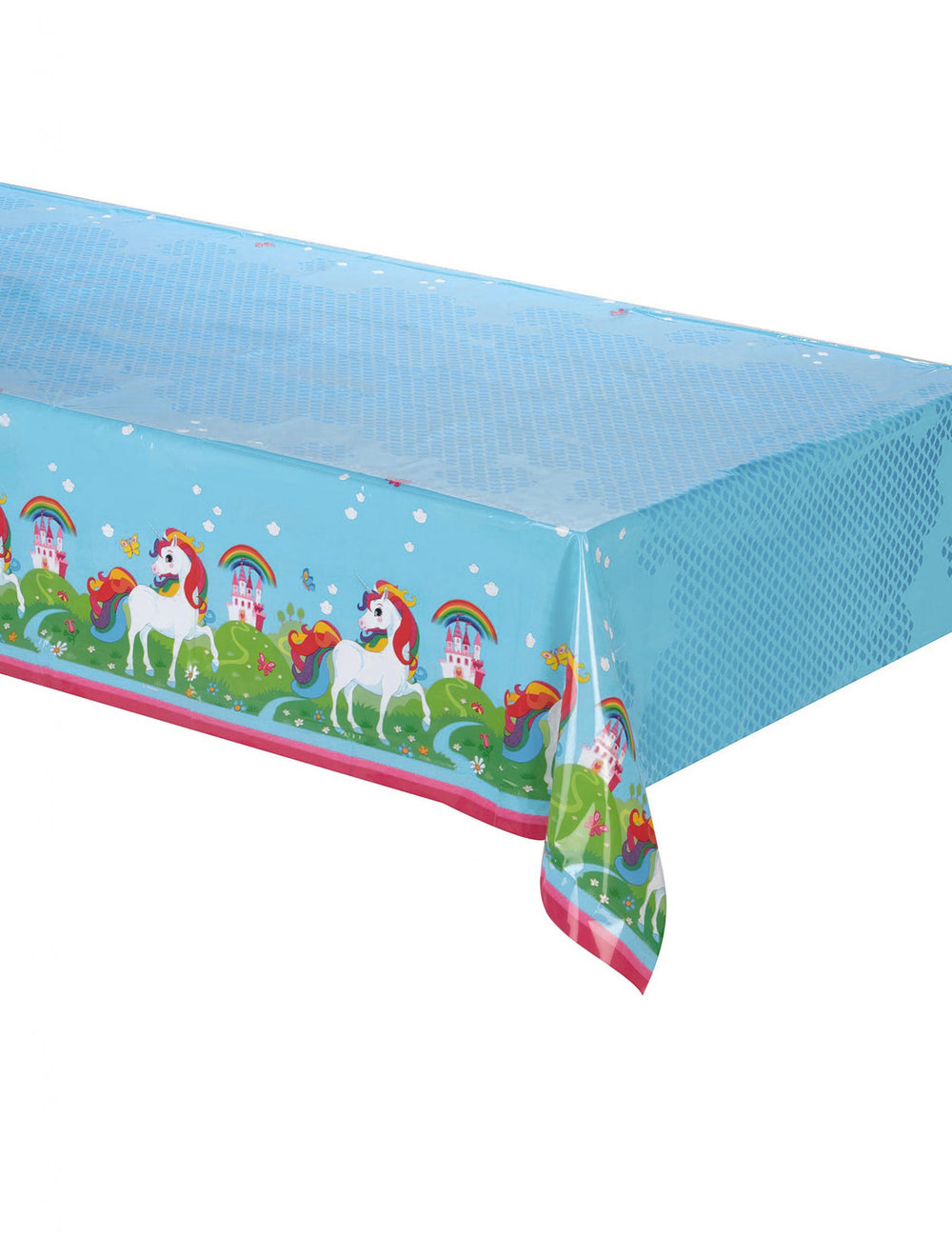Nappe en plastique Licorne pour enfant bleue avec châteaux et arcs-en-ciel