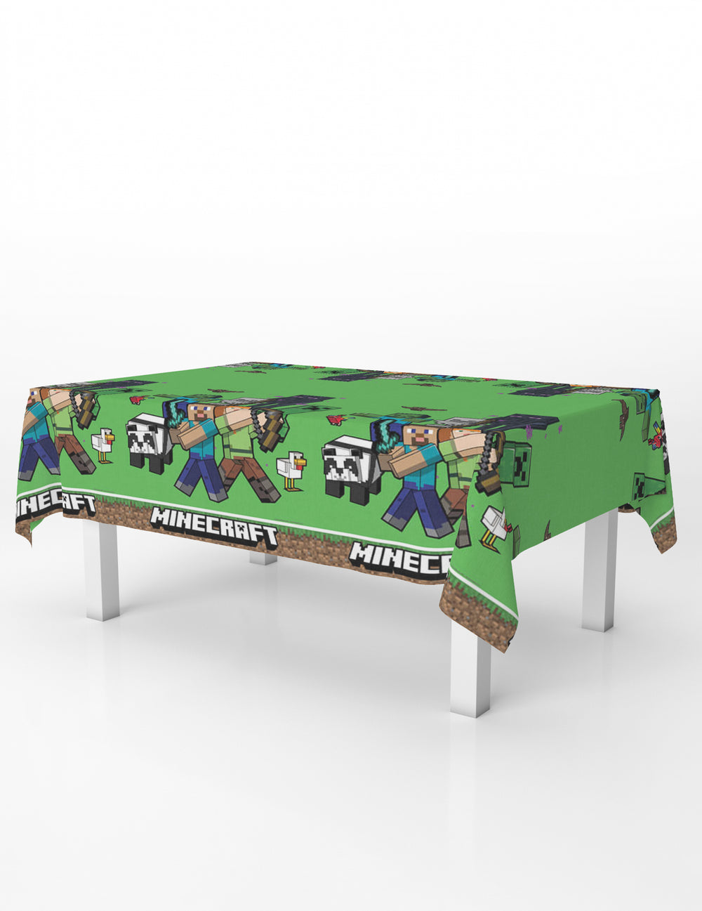 Mise en situation sur une table de la nappe en plastique Minecraft