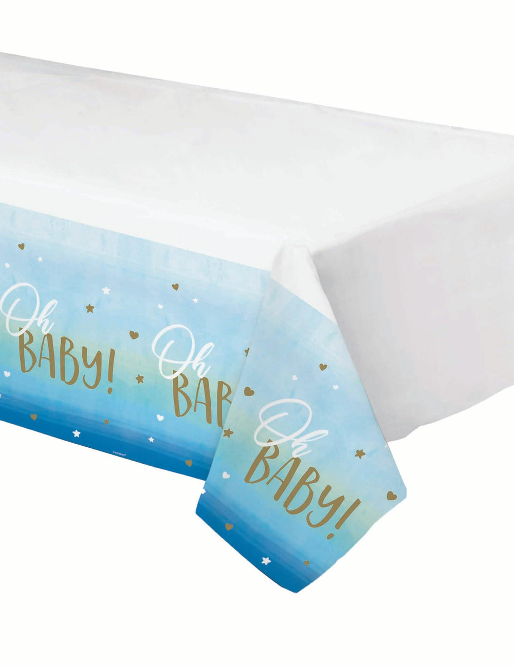 Plastový obrus oh baby na baby shower modrá a zlatá