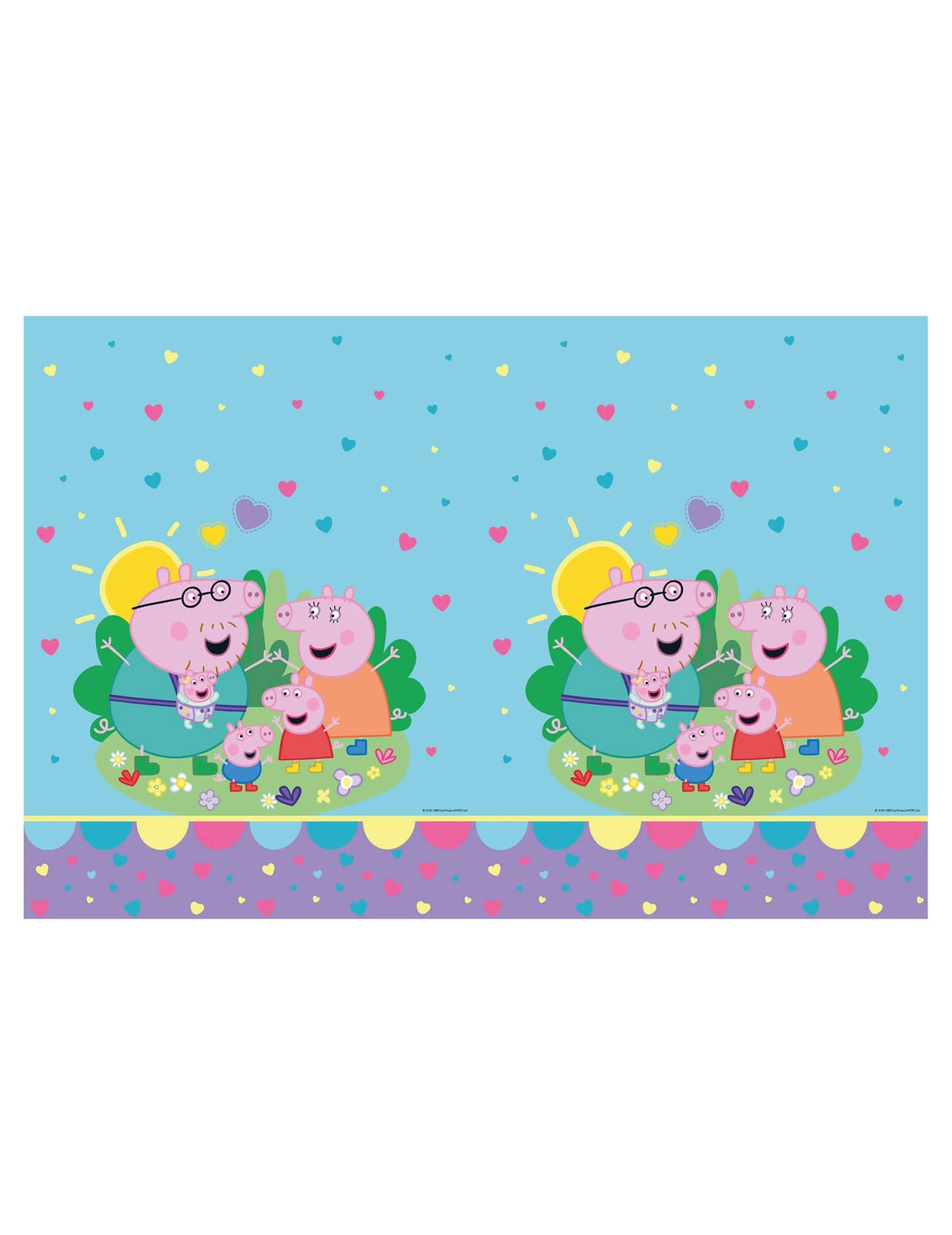 Plastový obrus Peppa Pig pre dieťa svetlomodrá s motívmi rodiny Pig a srdiečok