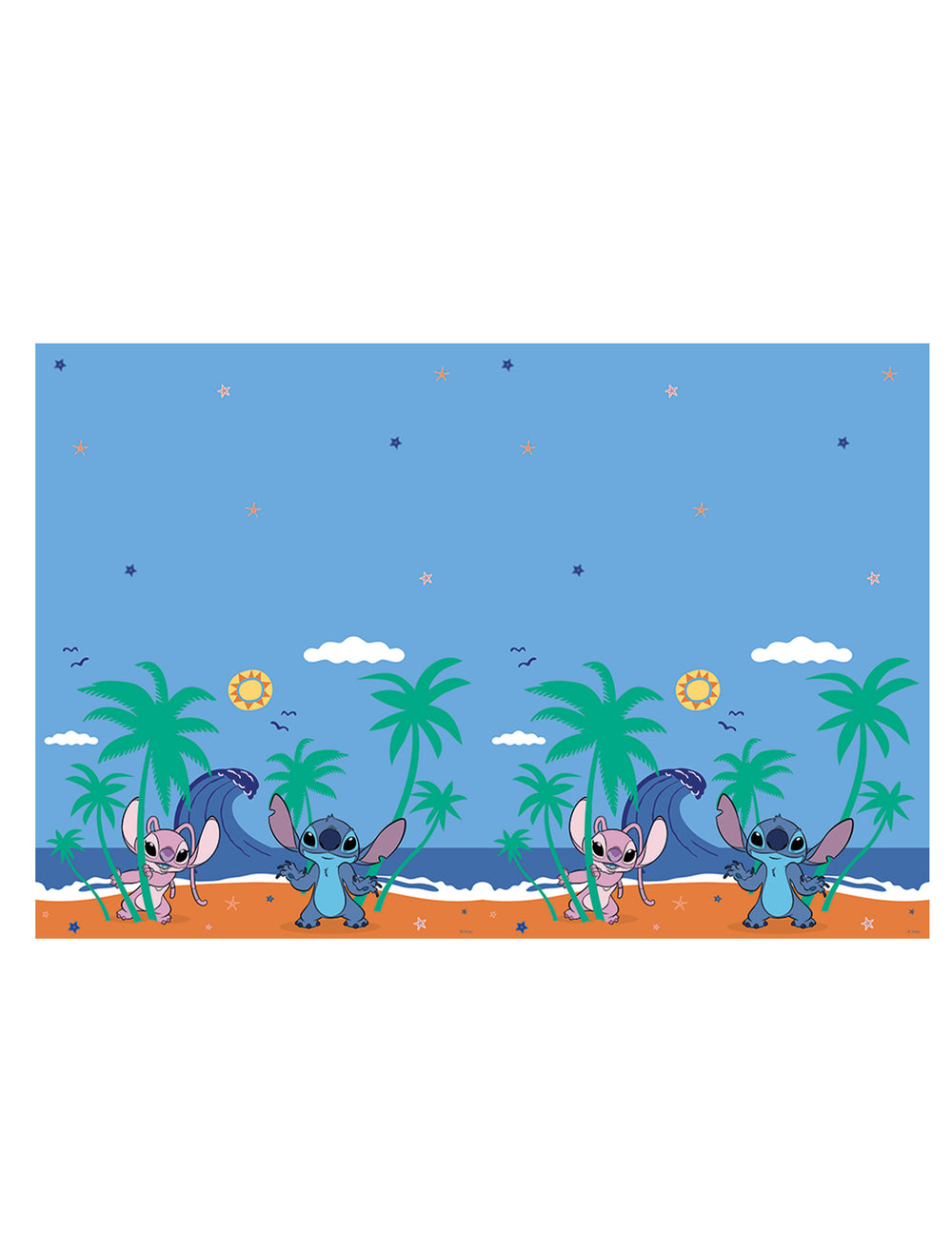 Nappe en plastique Stitch pour anniversaire bleue avec décor de plage et palmier