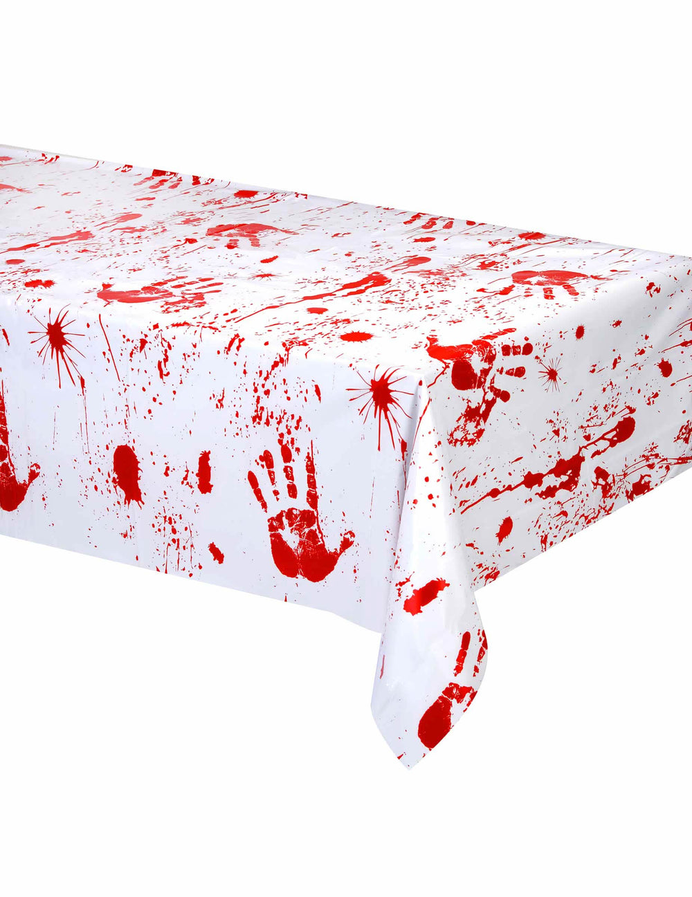 Plastový obrus s krvavými rukami na dekoráciu halloween biela a červená