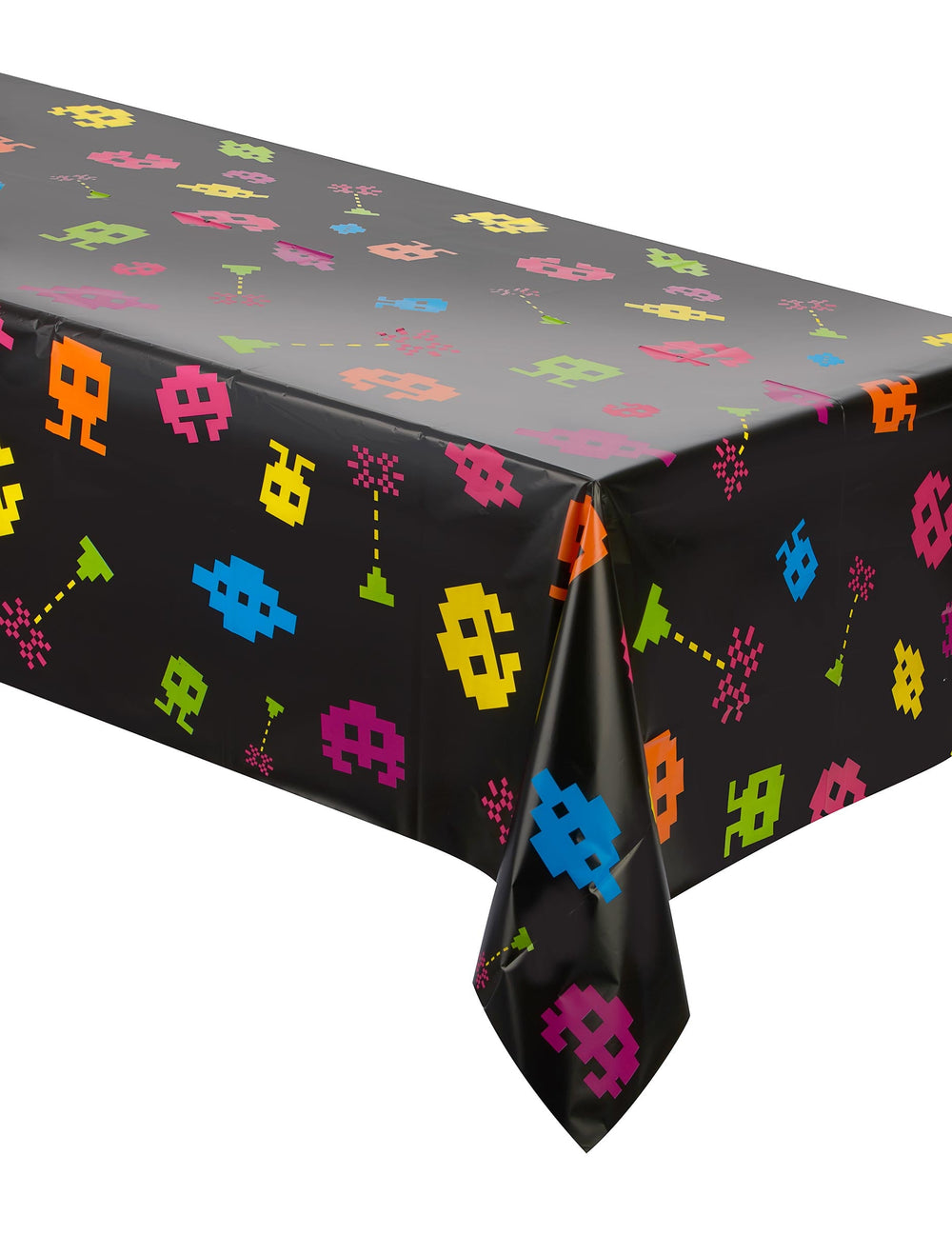 Nappe en plastique années 80's jeux vidéo 8 bits noire avec motifs pixels colorés