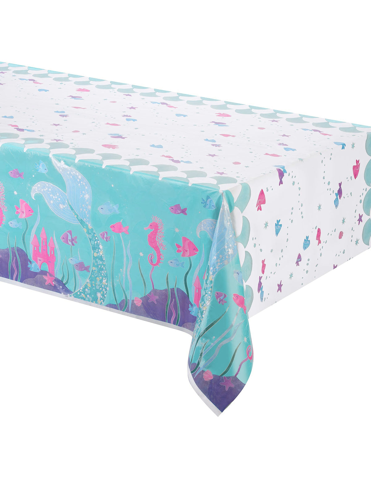 Nappe plastique jolie sirène pour anniversaire bleue et blanche avec motifs marins colorés
