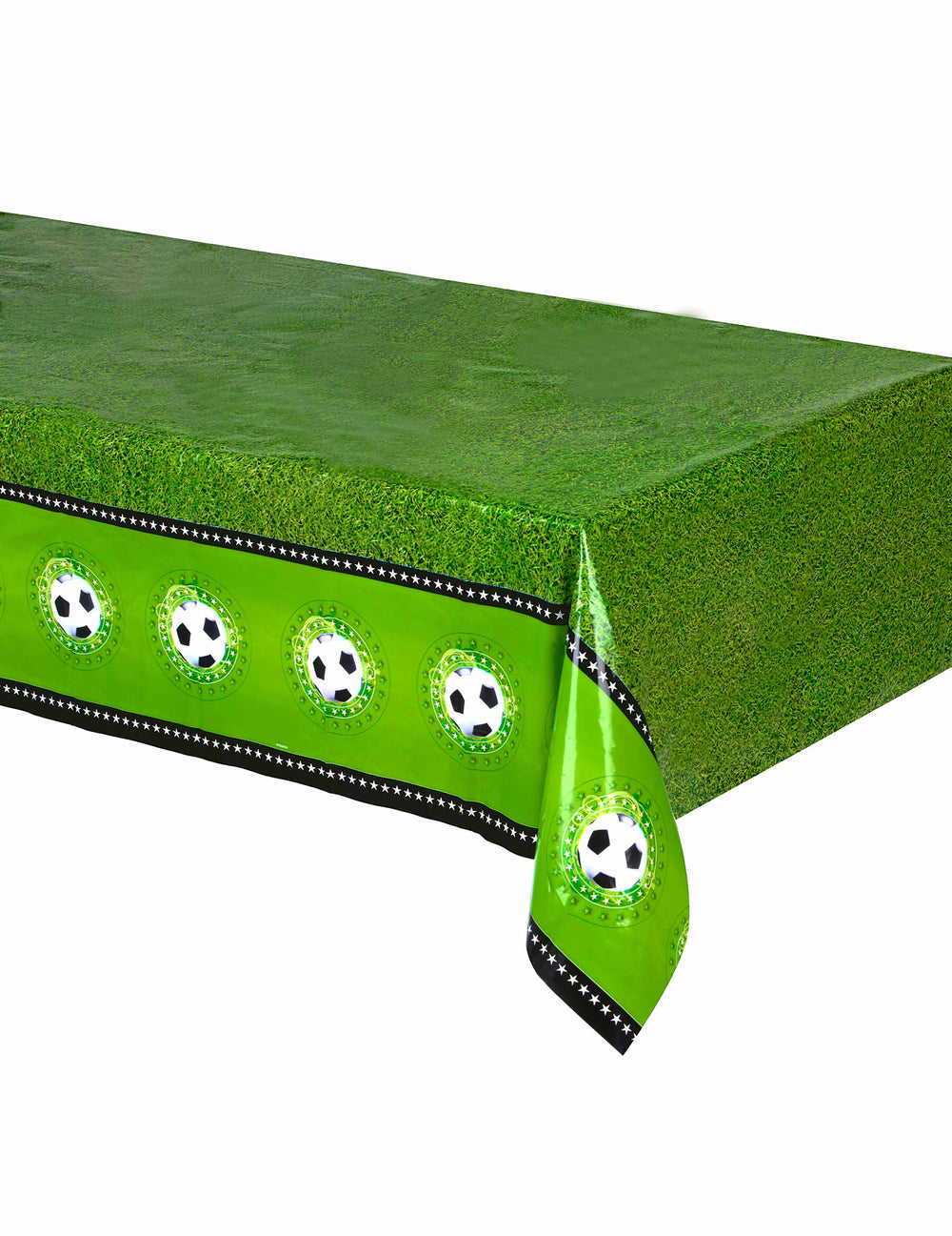 Nappe plastique Stade de foot pour fête verte effet pelouse avec motifs ballons