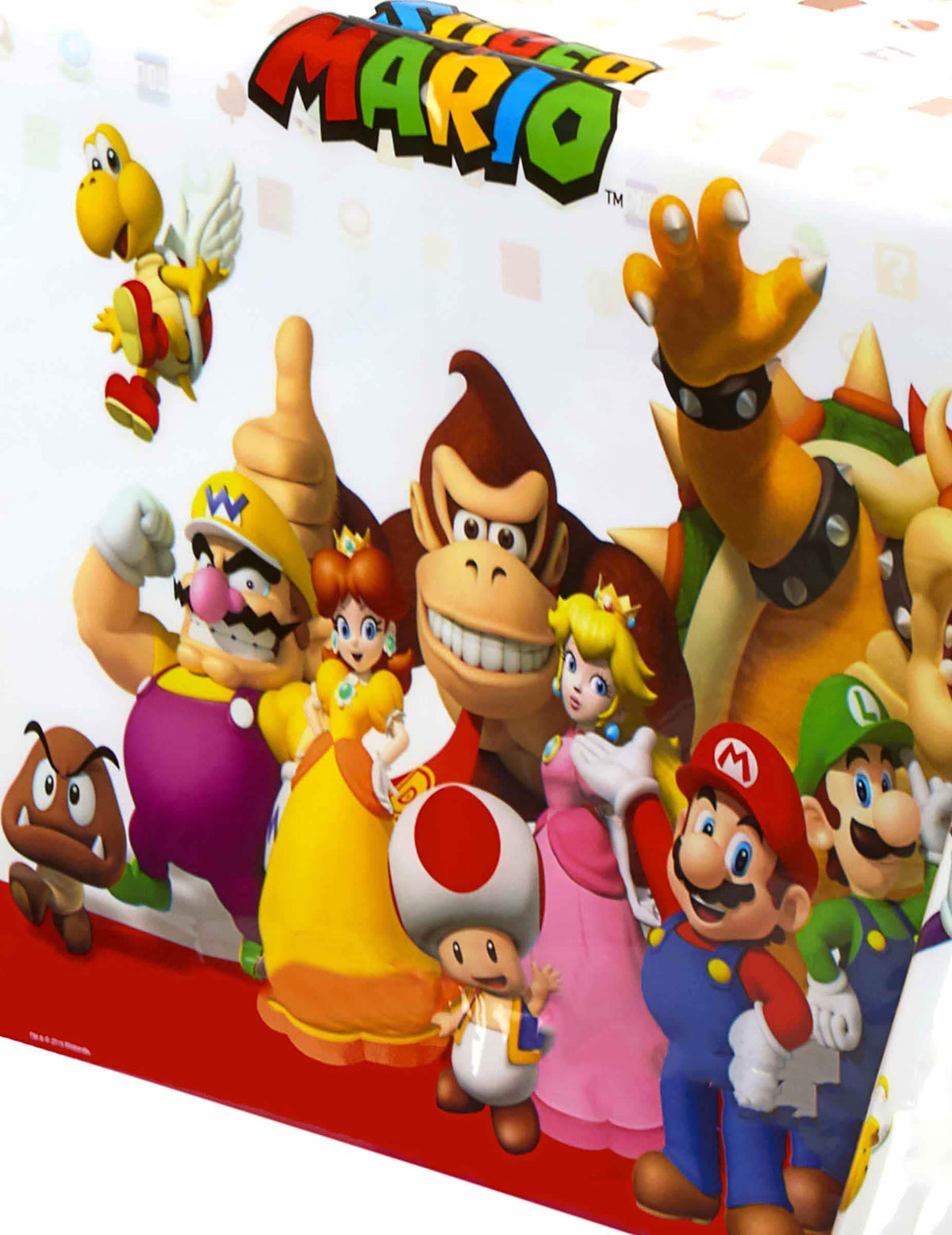 Detailný záber na postavy na plastovom obrus Super Mario