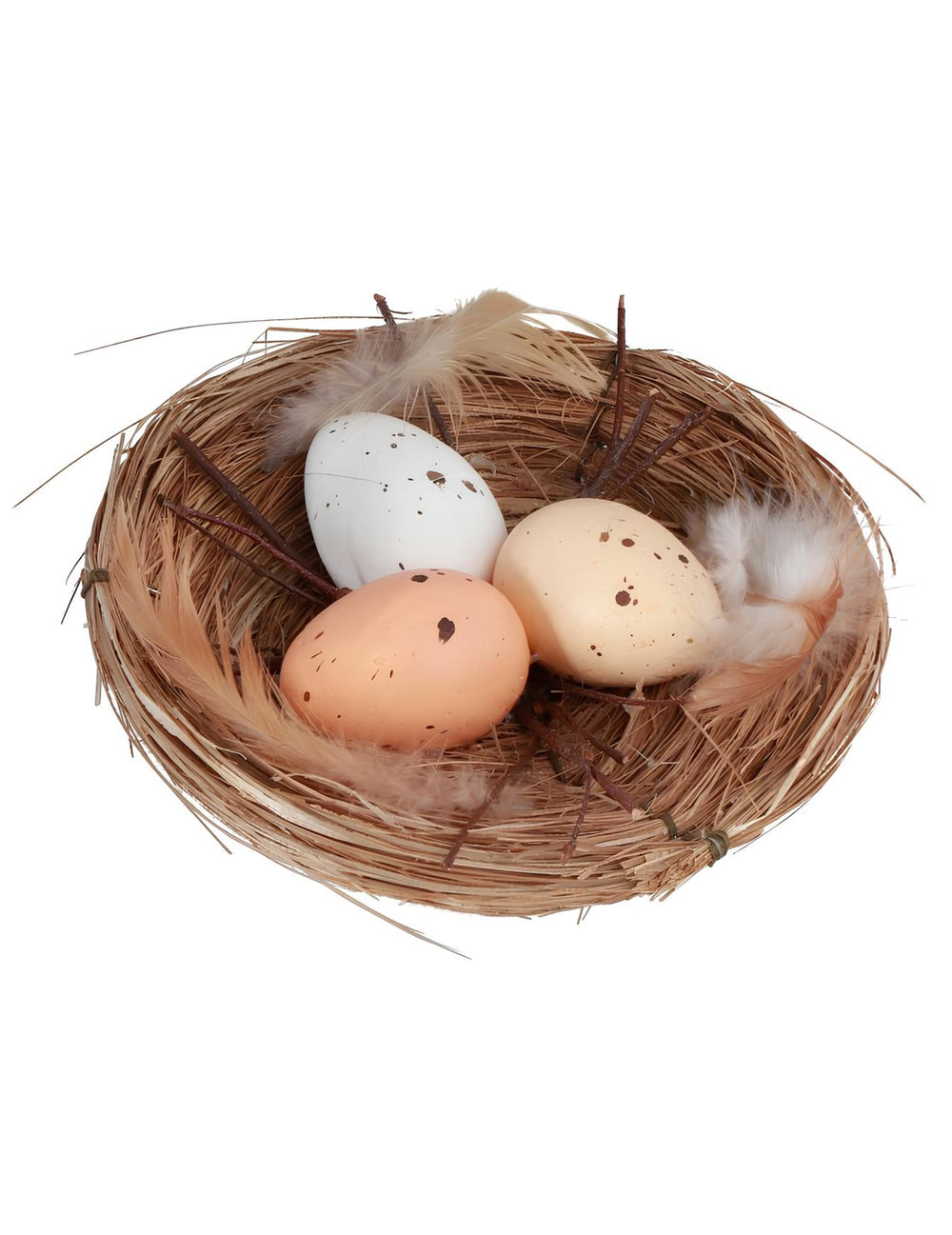 Nid naturel avec 3 œufs de Pâques pour décoration marron et beige avec plumes