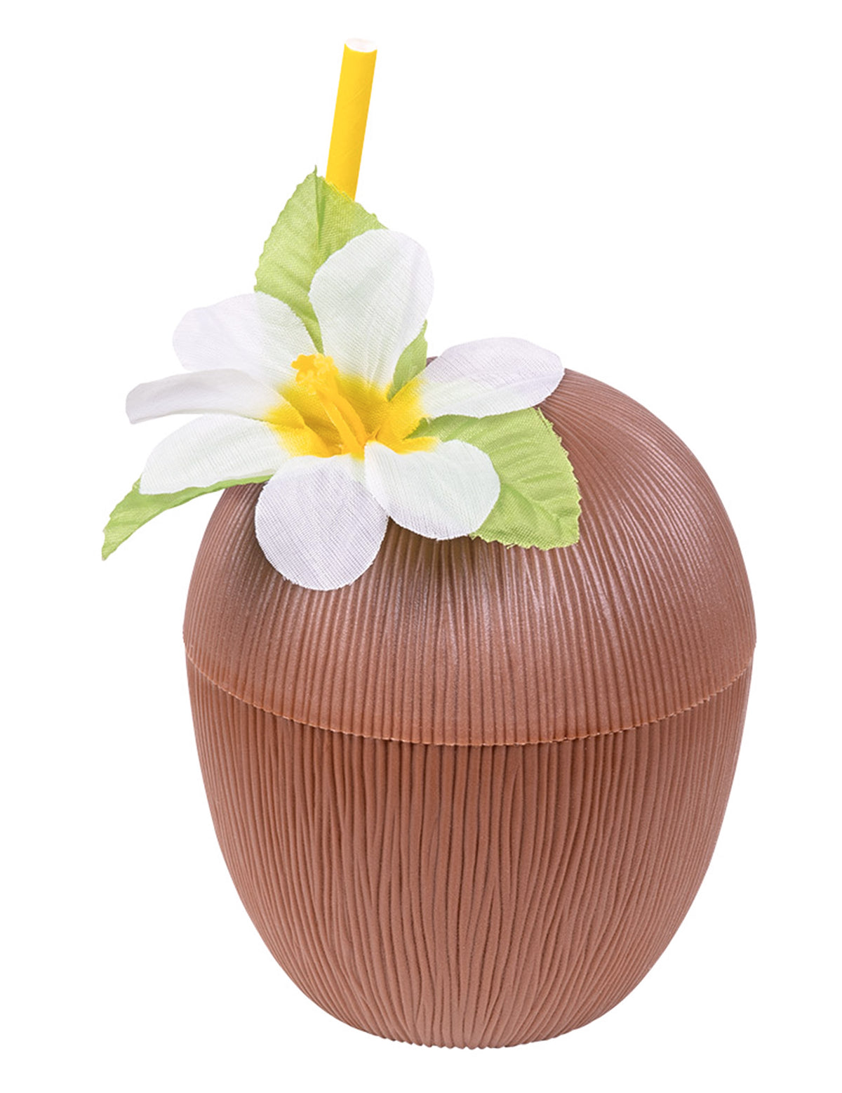 Gobelet noix de coco Hawaï pour fête marron avec fleur blanche et paille jaune