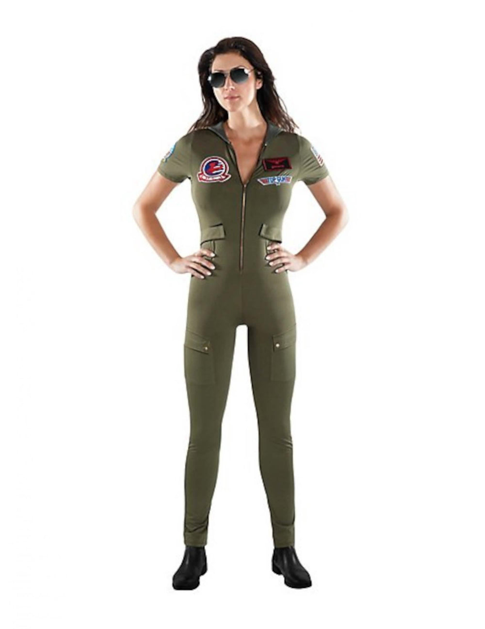 Kostým kombinéza Top Gun pre dospelého v kaki zelenej s nášivkami