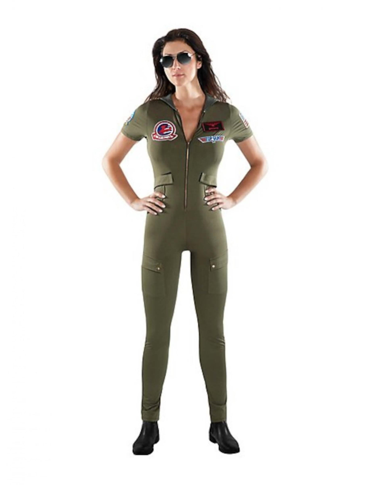 Kostým kombinéza Top Gun pre dospelého v kaki zelenej s nášivkami