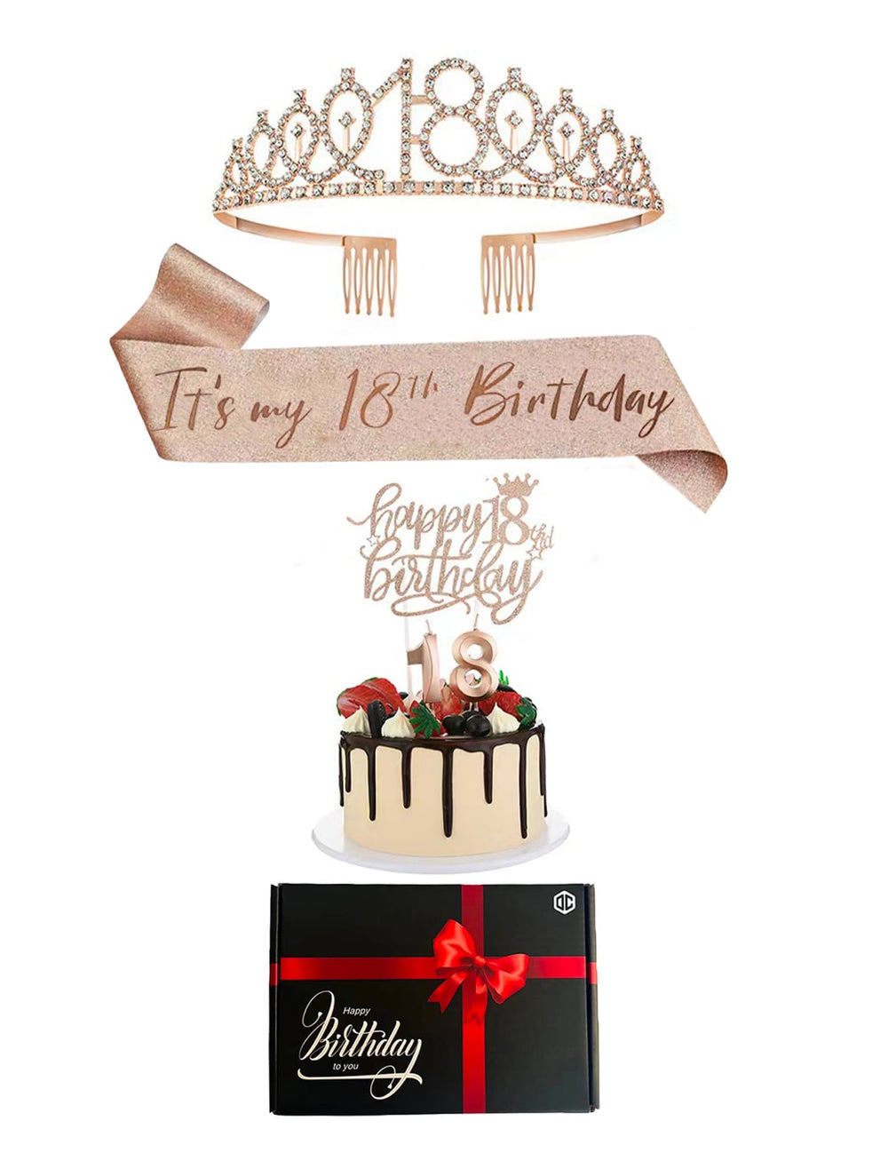 Pack d'accessoires anniversaire 18 ans pour femme or rose avec diadème et écharpe