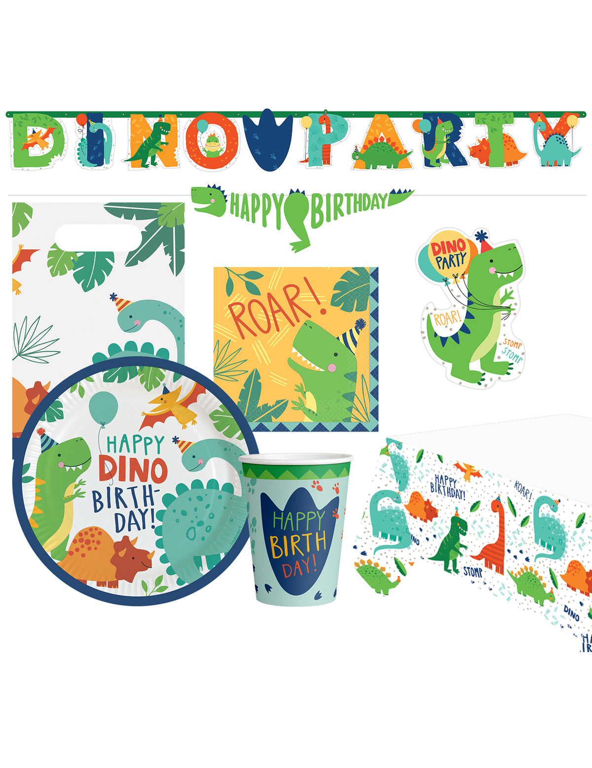 Pack dino pour anniversaire multicolore de 51 pièces avec vaisselle et décoration