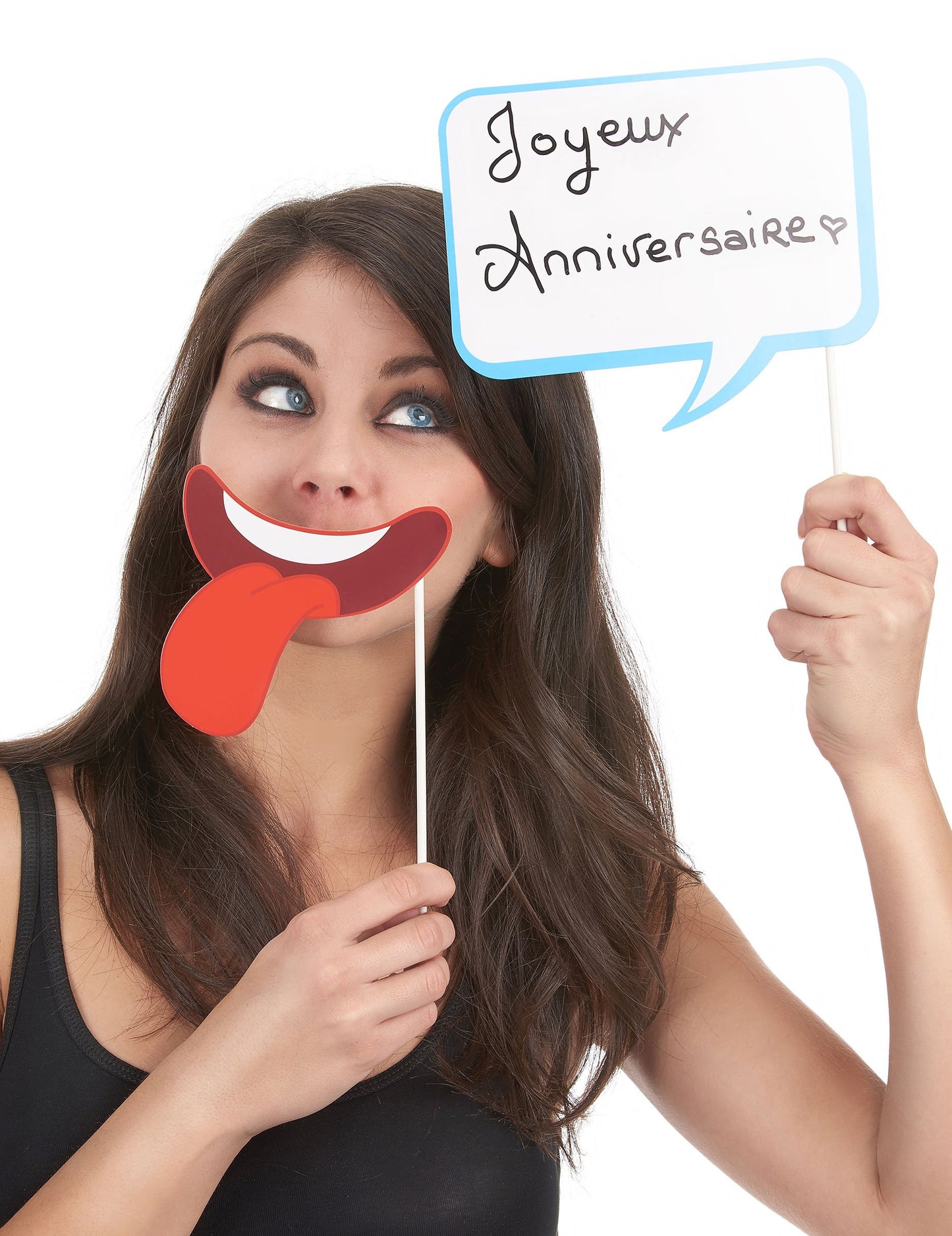 Accessoires bulle Joyeux Anniversaire et bouche rigolote du pack photobooth anniversaire
