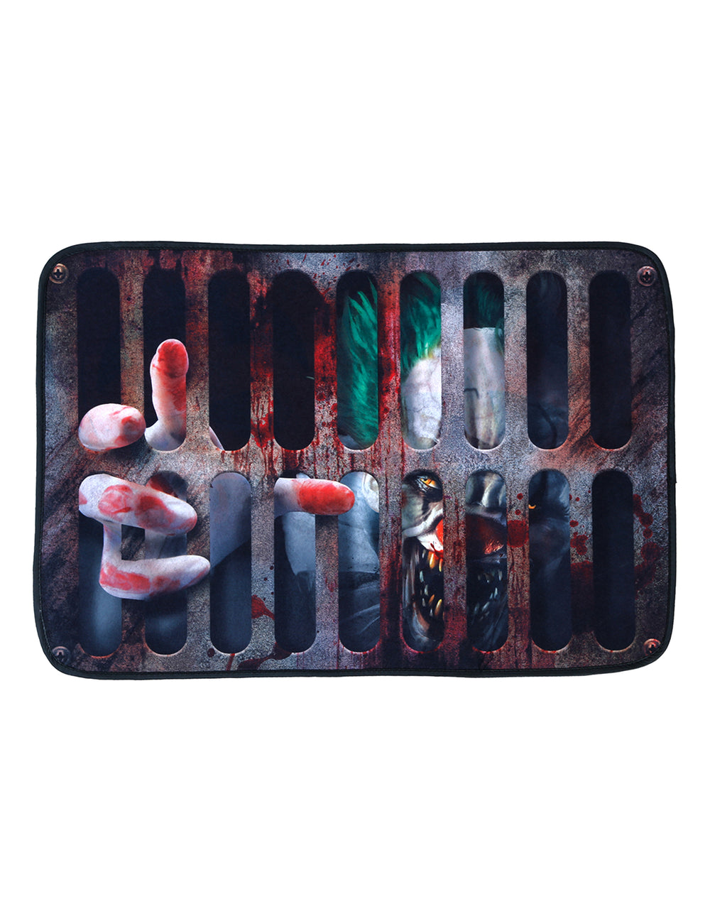 Paillasson clown tueur pour décoration gris avec effet de grille d'égout et mains ensanglantées