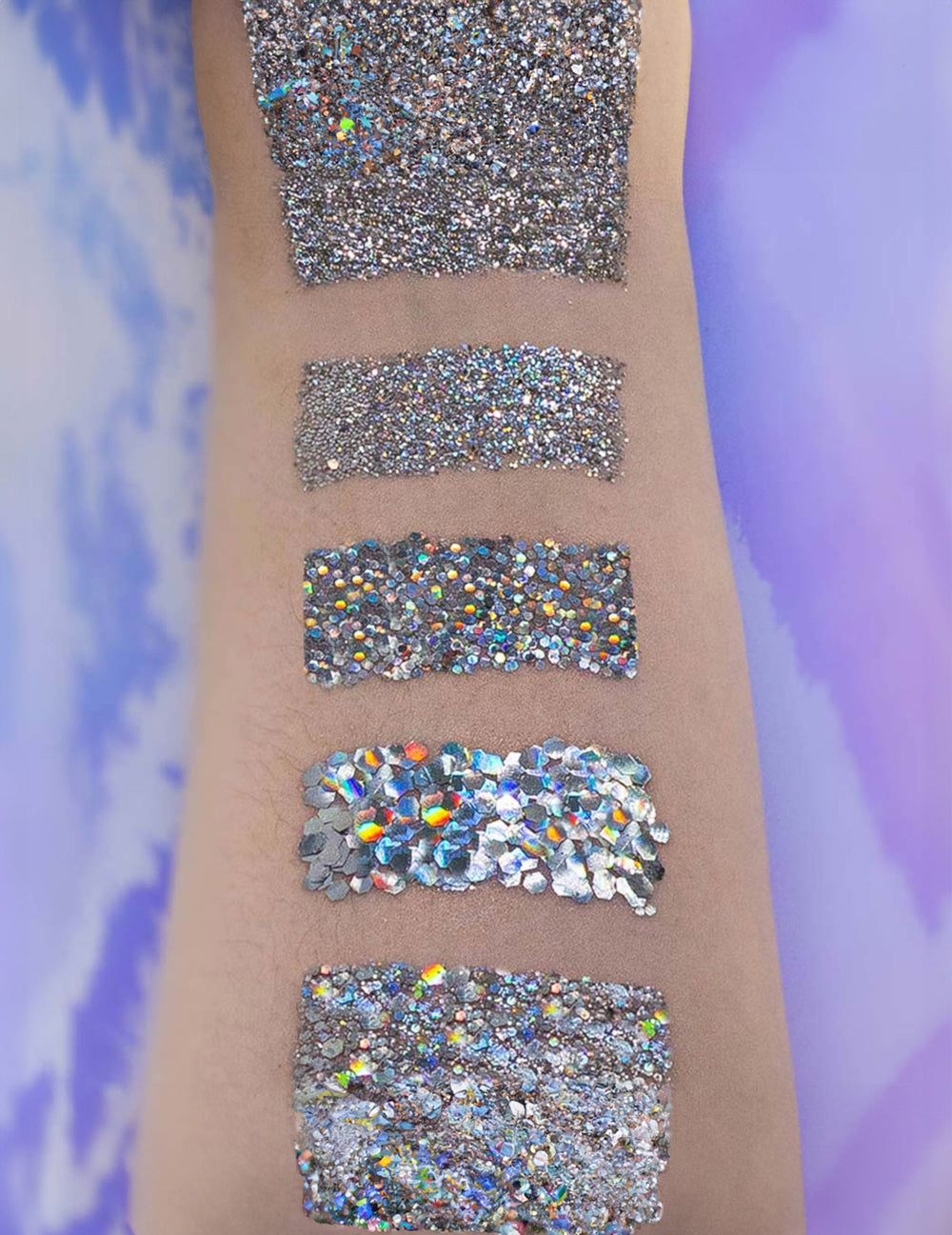 Rendu sur la peau des différentes tailles des paillettes biodégradables Y'Holo