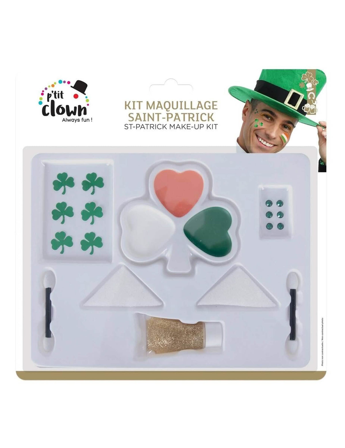 Palette de maquillage trèfle Saint Patrick pour adulte vert blanc orange avec paillettes turn