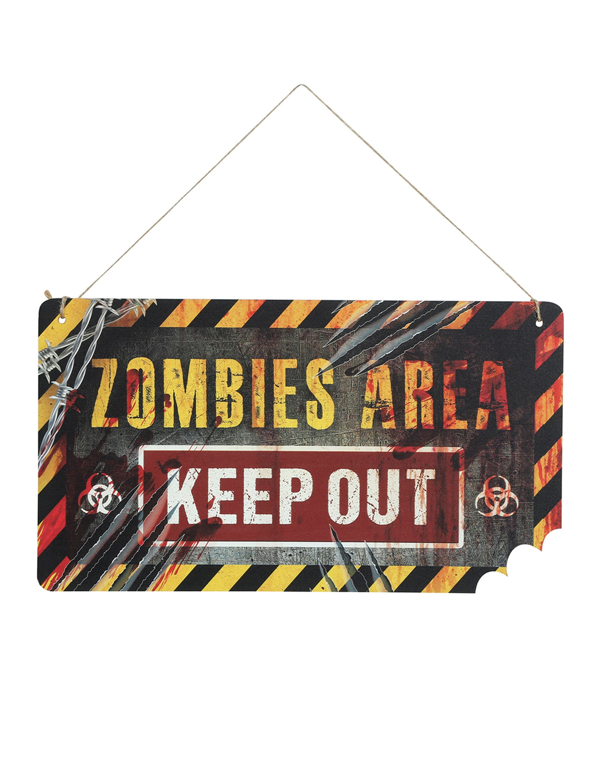 Vue de face de la pancarte en bois Zombie area Keep out