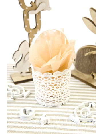 Biely čipkovaný košík 11 x 5 cm so svadobnou rukoväťou