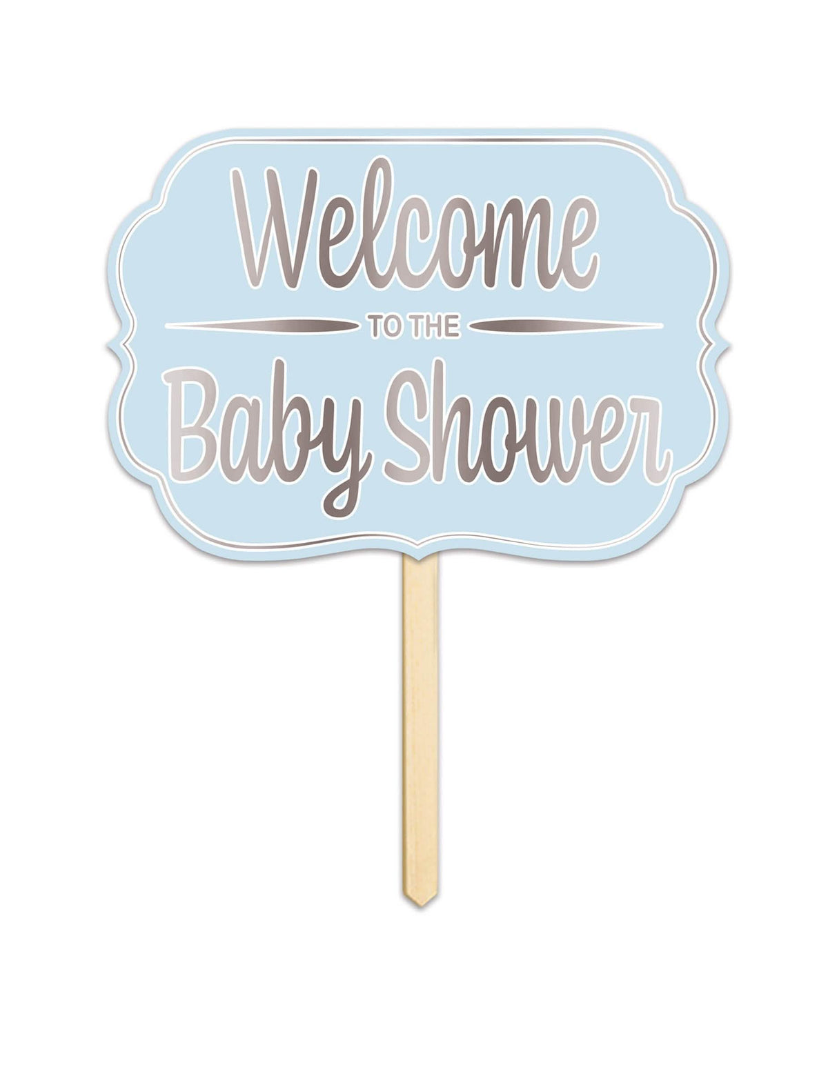 Kartónový panel Welcome to the baby shower modrá s drevenou tyčou