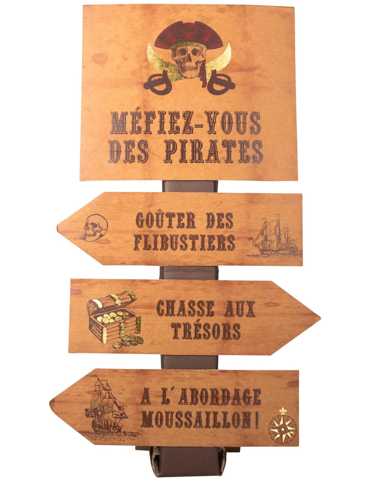 Panneau flèches directionnelles pirate pour fête marron kraft avec tête de mort et bateau pirate
