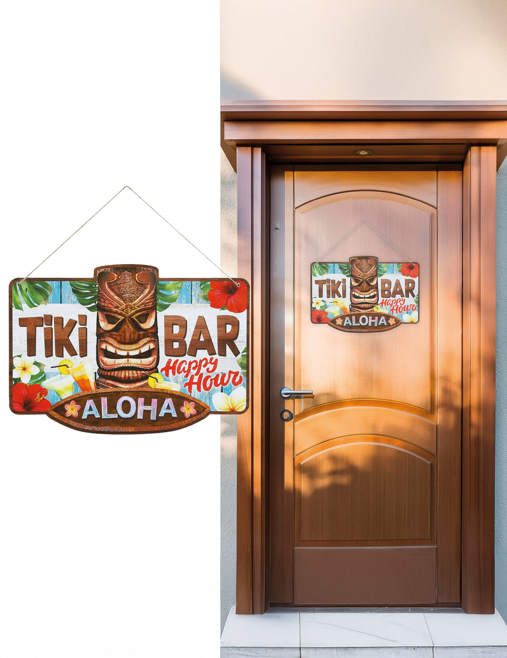 Panneau tiki bar Aloha pour décoration coloré avec masque tiki et fleurs tropicales