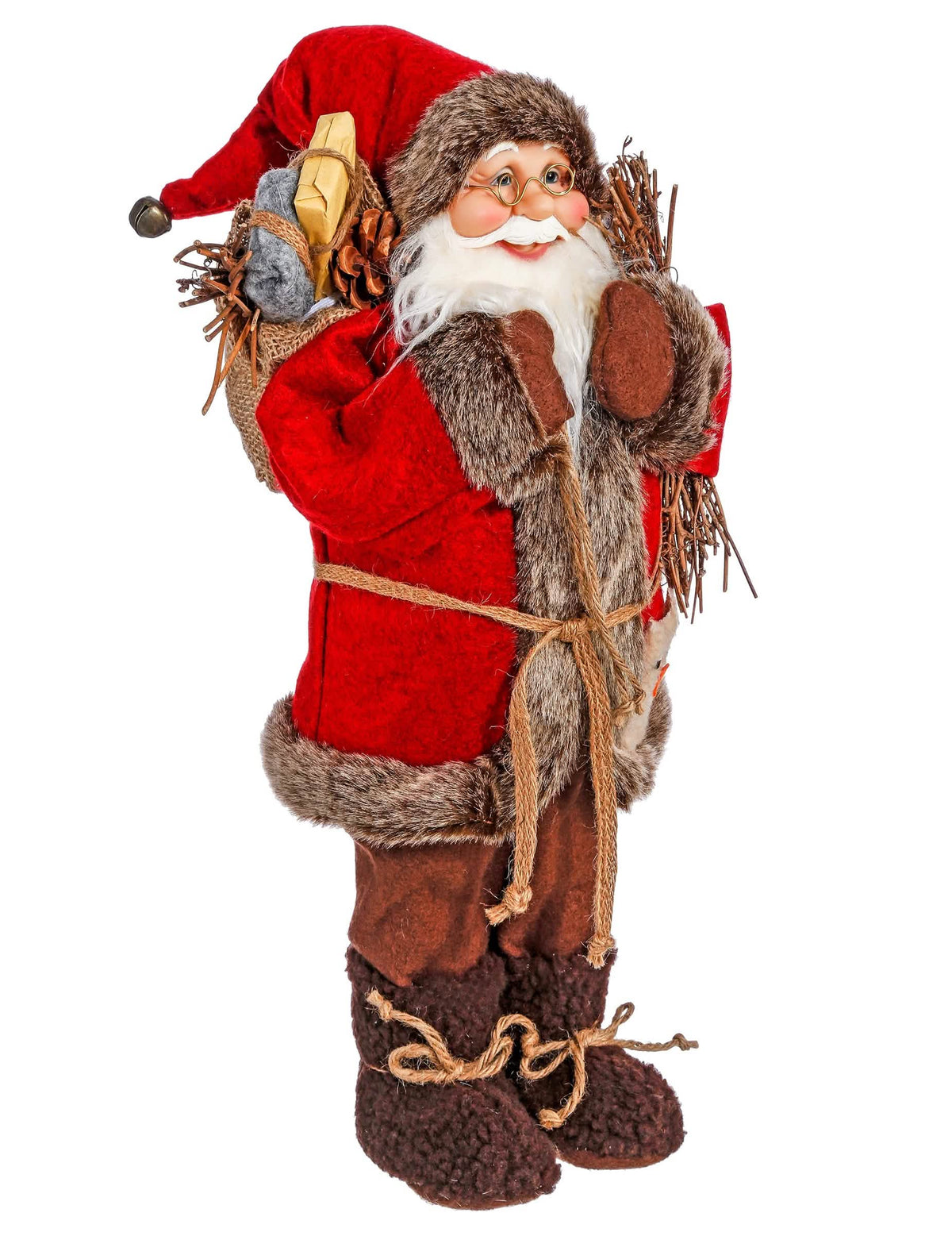 santa claus stojaci na dekoráciu červená s vreckom a kabátom olemovaným kožušinou