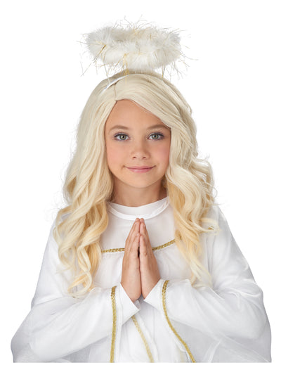Perruque luxe ange pour fille blonde avec auréole blanche