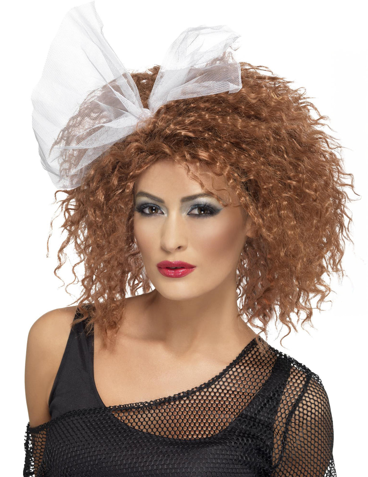Perruque années 80 pour femme auburn bouclée avec noeud en résille blanc