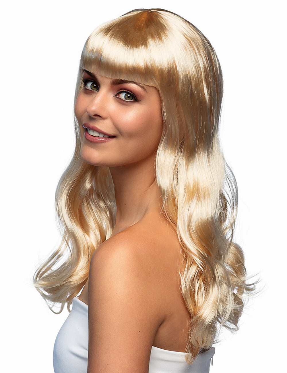 Perruque longue pour femme blonde dorée avec frange