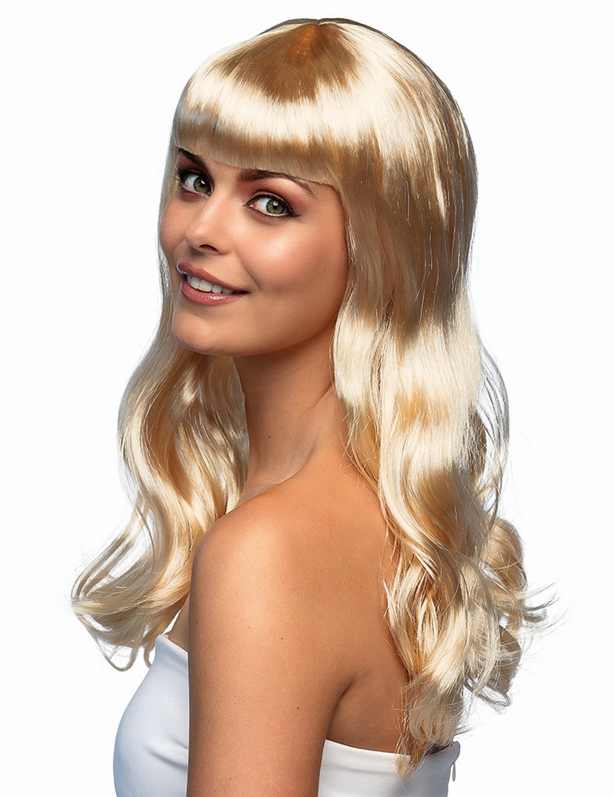 Perruque longue pour femme blonde dorée avec frange
