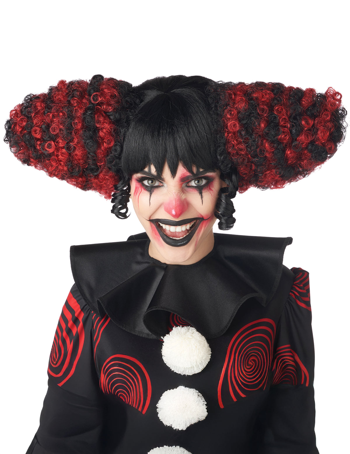 Perruque de clown maléfique pour adulte rouge et noire luxe