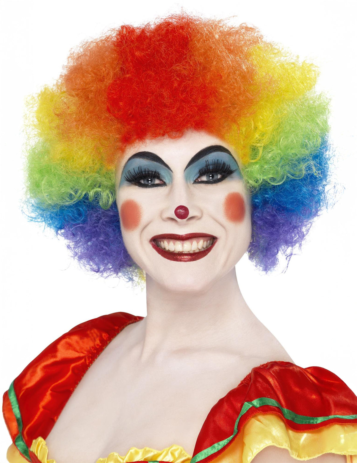 Gros plan sur le rendu porté de la perruque de clown pour adulte