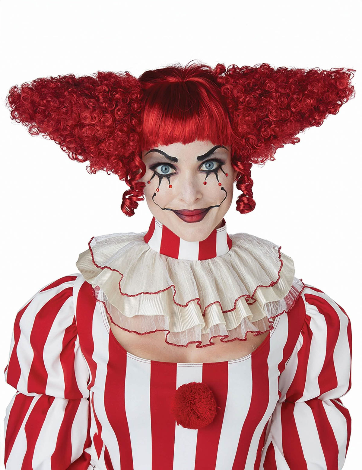 Parochňa psycho klauna pre ženu červená objemná s kučeravými copmi