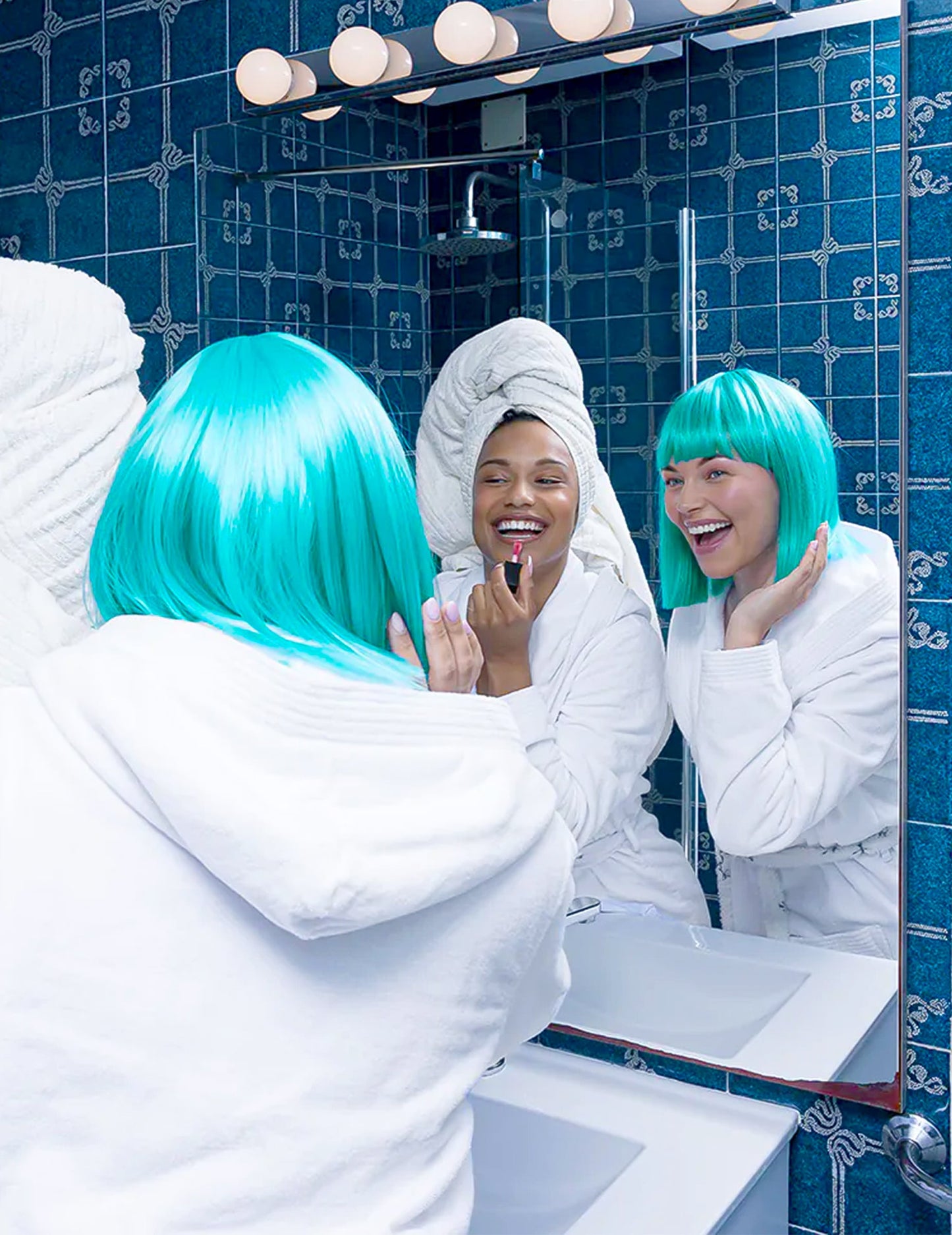 Luxusná nositeľná štvorcová parochňa tyrkysovo modrá pre ženy