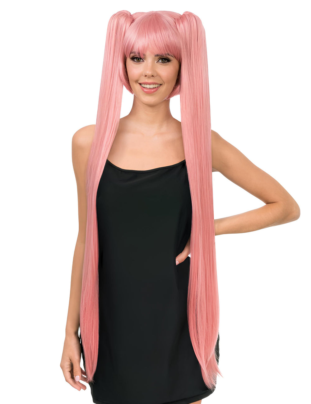 Perruque cosplay luxe longues couettes pour adulte rose pastel