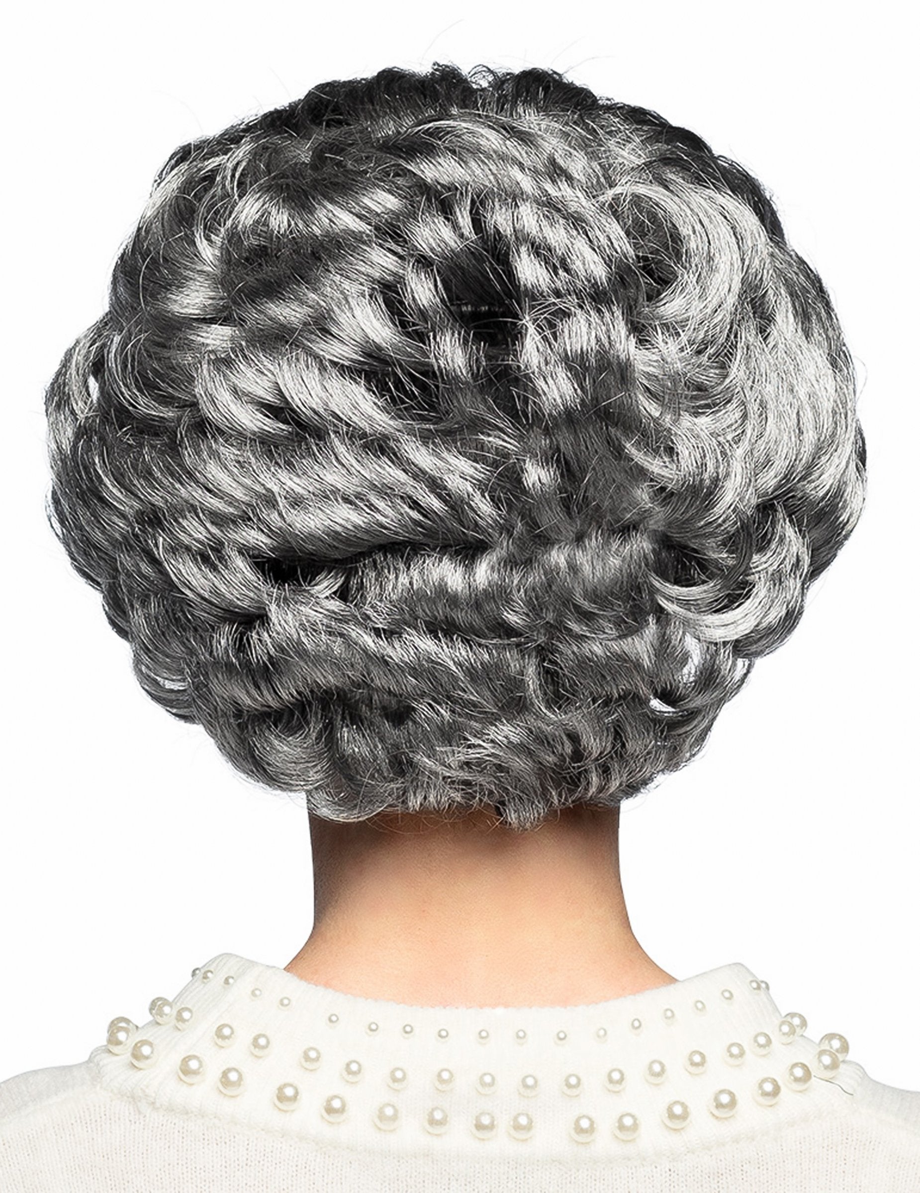 Pohľad zozadu na krátku parochňu pre dospelých v sivej farbe