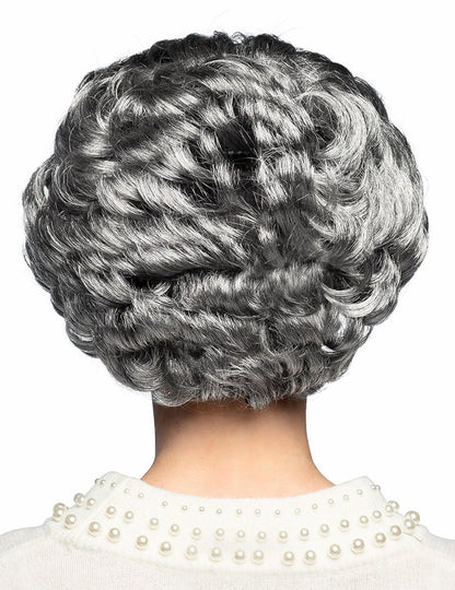 Pohľad zozadu na krátku parochňu pre dospelých v sivej farbe