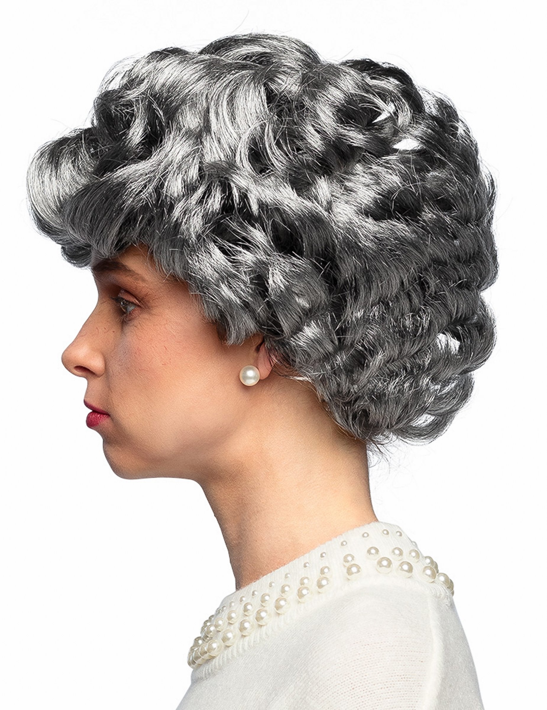 Profilový pohľad na krátku parochňu pre dospelých v sivej farbe