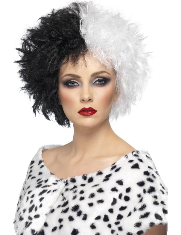 Perruque cruelle Halloween pour femme bicolore noire et blanche