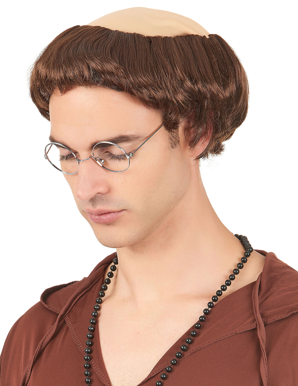 Perruque de moine pour homme brun avec tonsure couleur chair