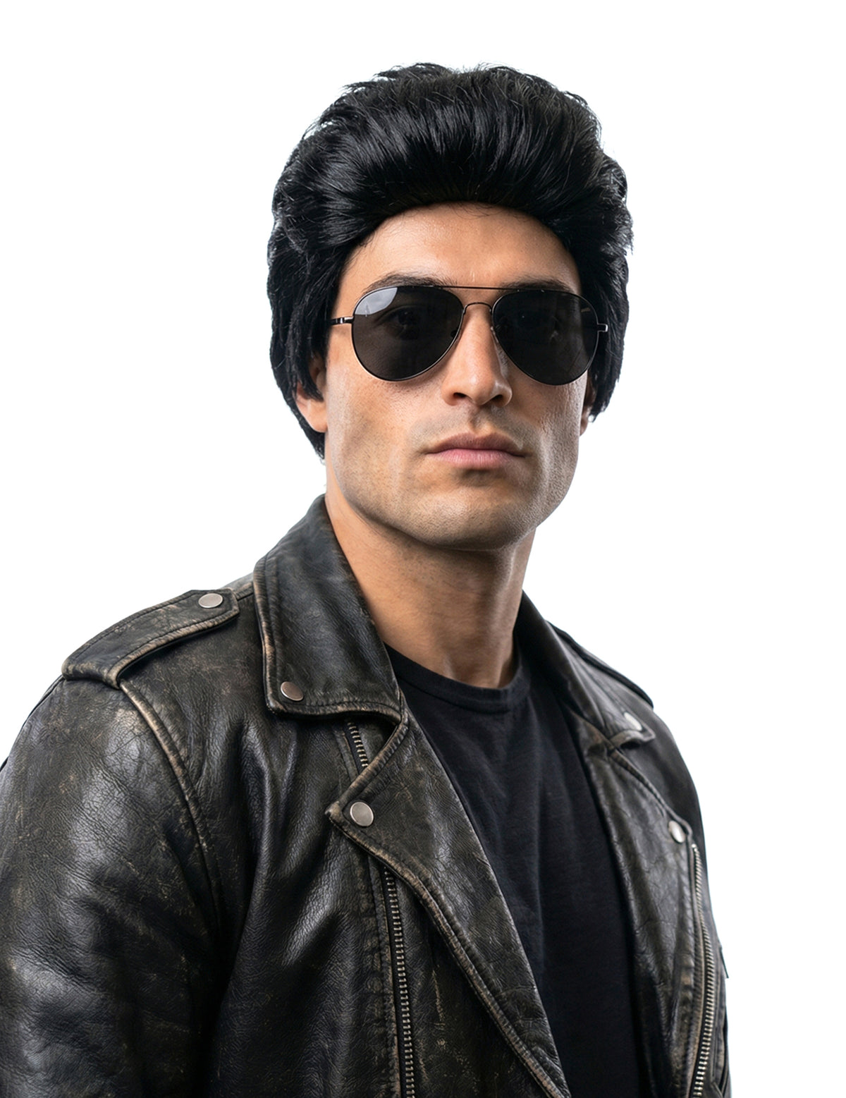 Vue de face avec lunettes de soleil de la perruque Elvis pour adulte