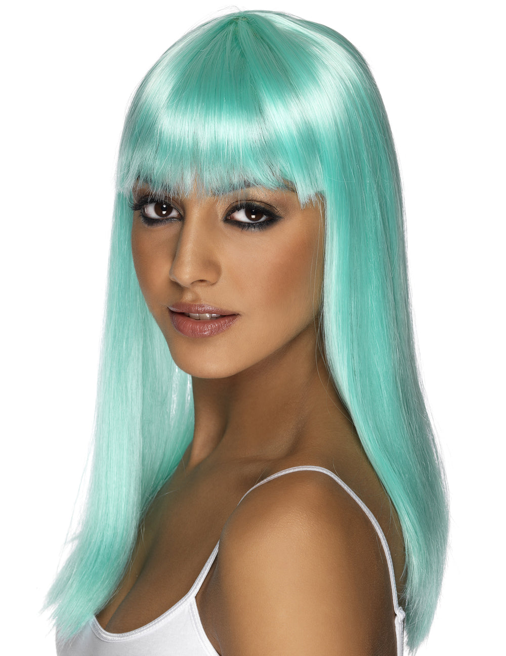 Perruque longue à frange pour femme bleu turquoise