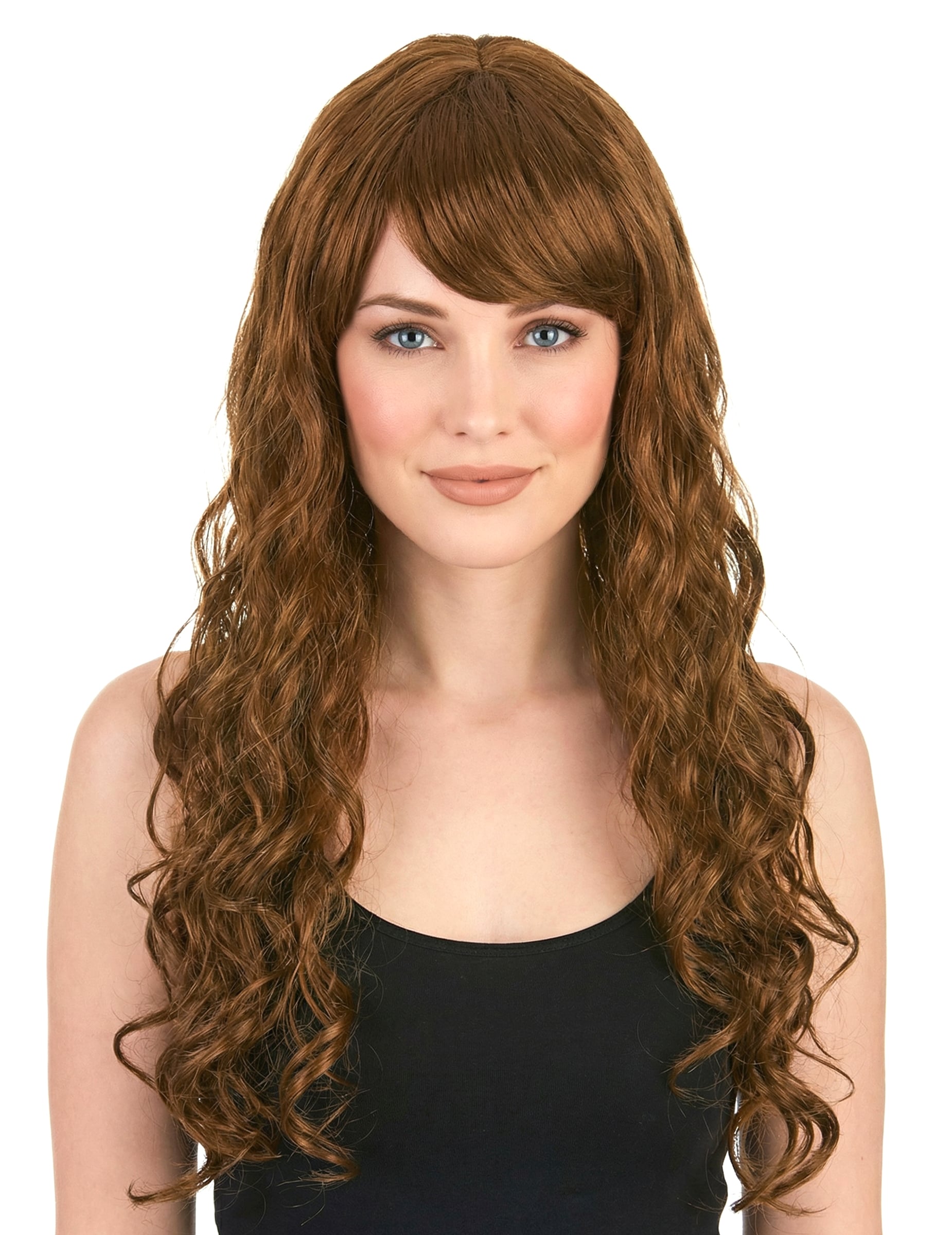 Perruque glamour longue pour femme châtain avec boucles