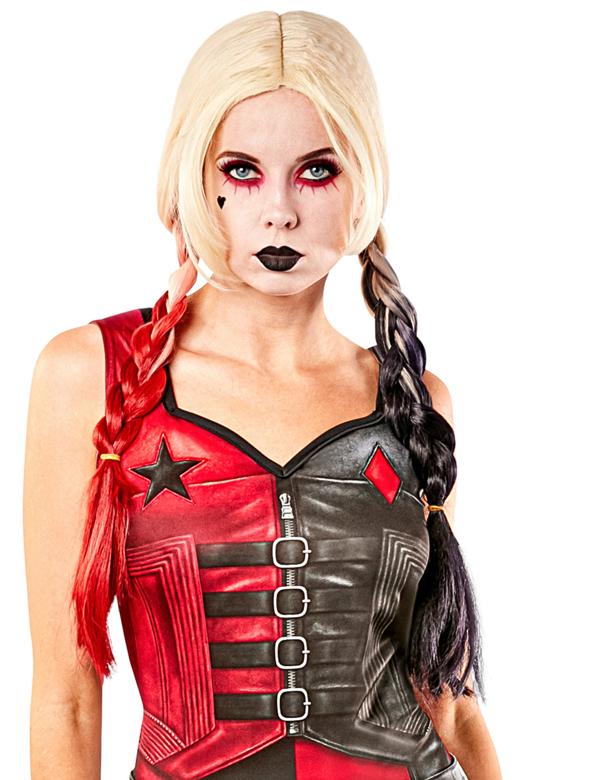 Perruque Harley Quinn Suicide Squad 2 pour femme blonde avec tresses rouge et noire