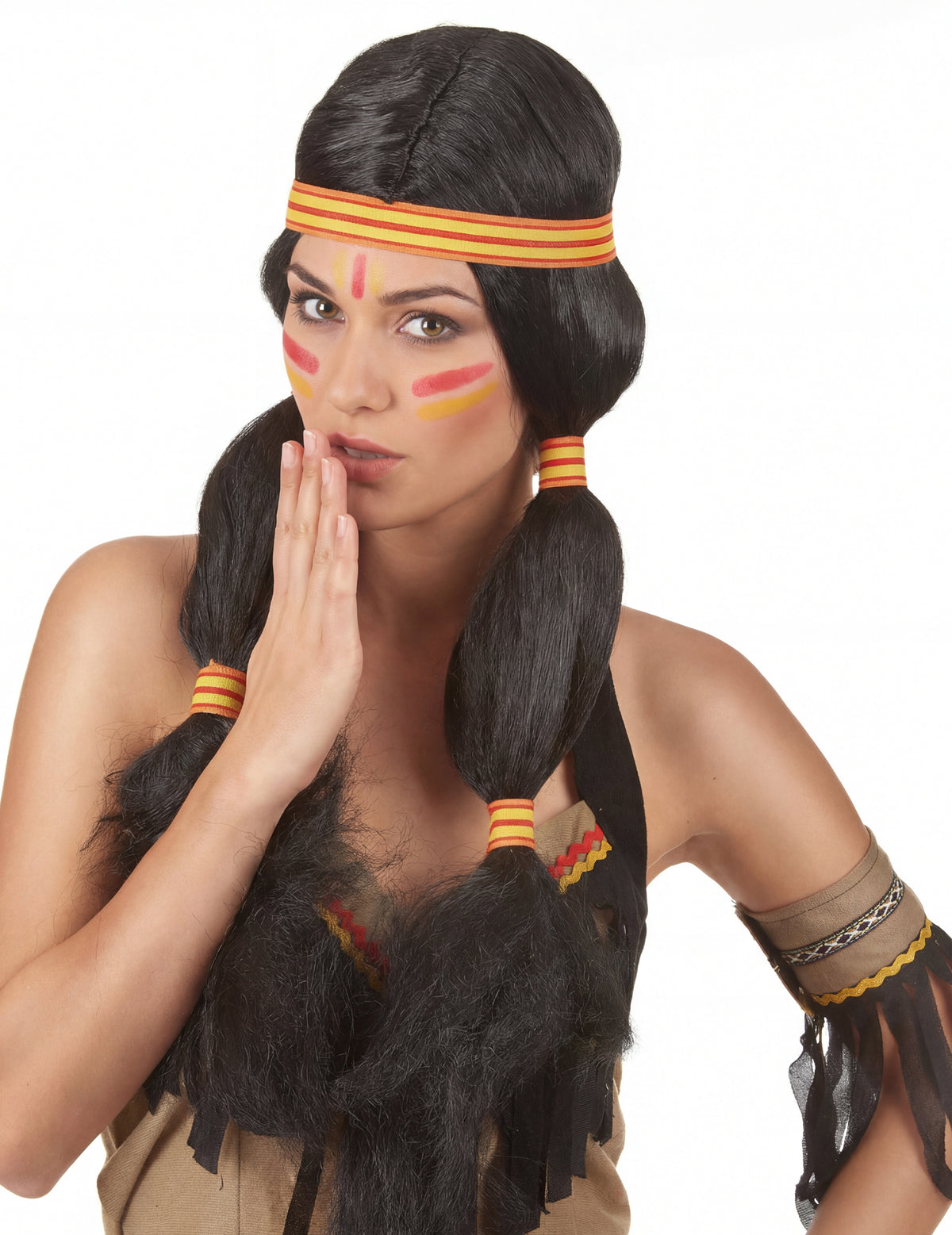 Perruque Indienne pour femme noire avec bandeau jaune et rouge