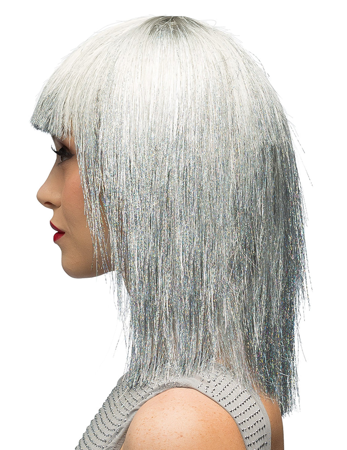 Vue de profil de la perruque irisée pour femme