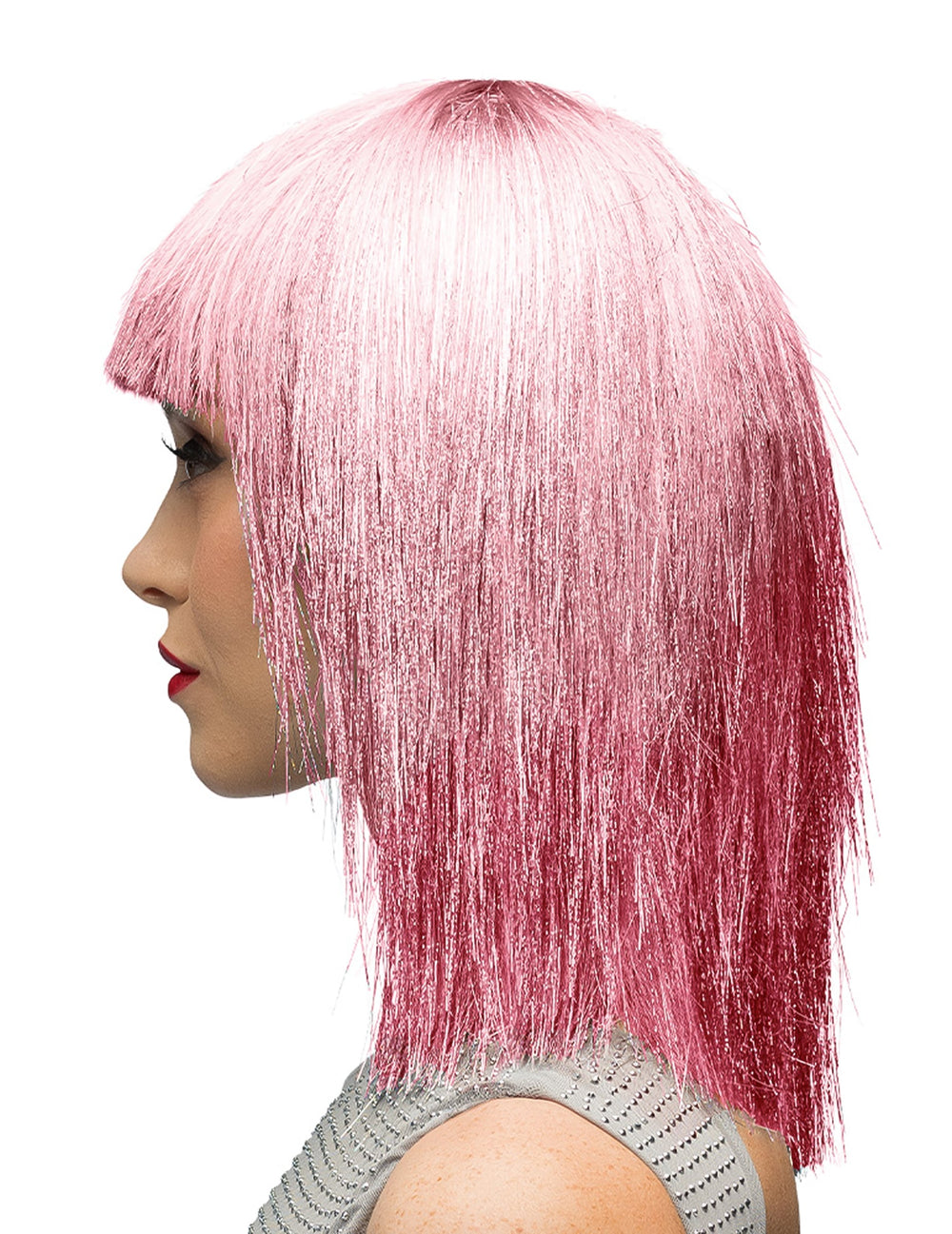 Vue de profil de la perruque irisée pour femme