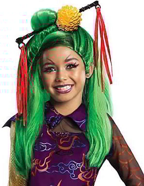 Perruque luxe Jinafire long Monster High™ pour fille verte avec accessoire de tête et rubans rouges